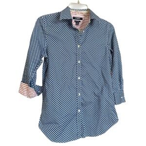 Chaps Womens Sz S No Iron Star Print Button Down Shirt Navy Blue White Red 3/4